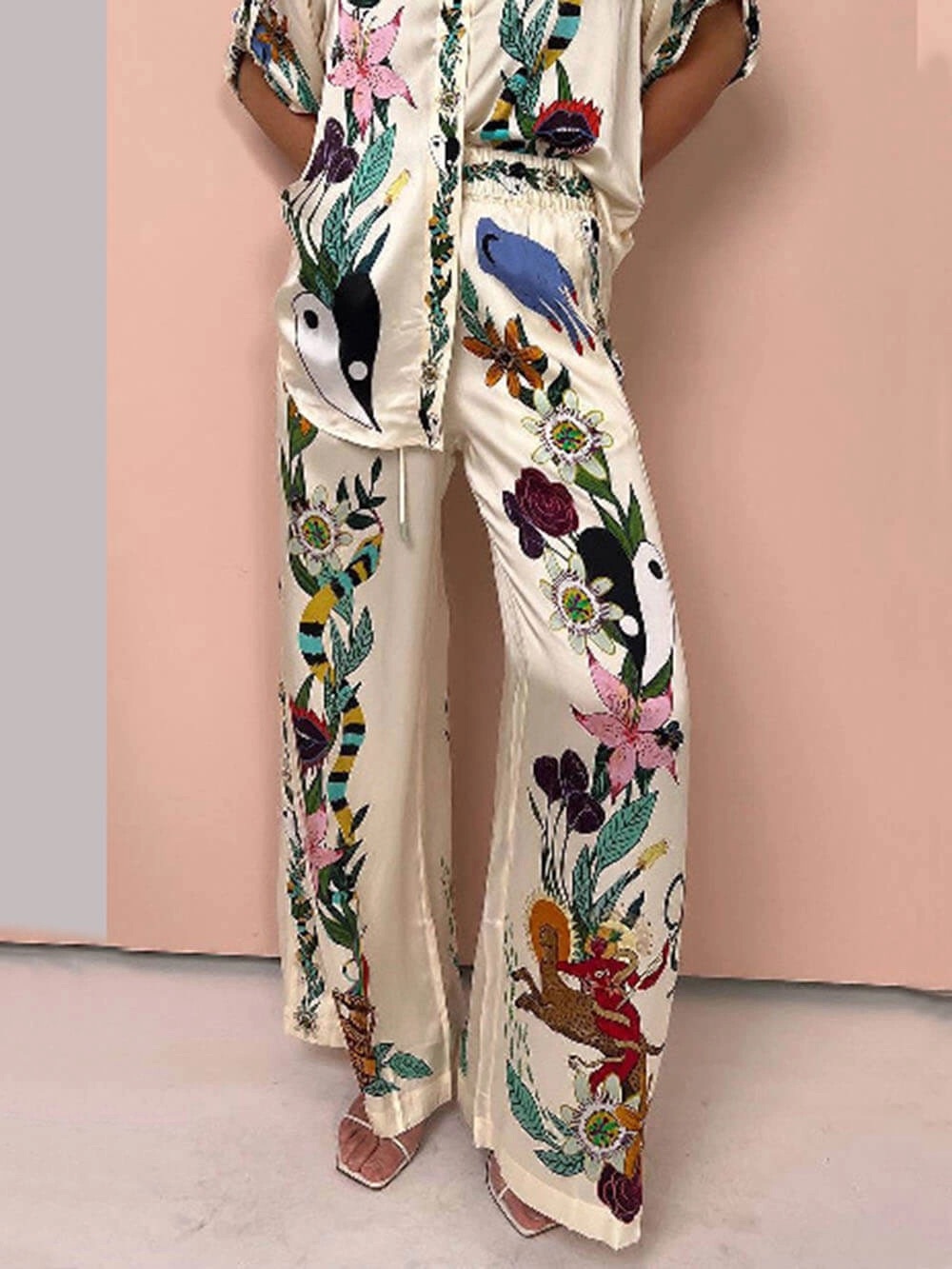 Cream Floral & Animal Print Satin Button-Up Shirt and Pants Set Pajama Daywear - Picture 2 of 4